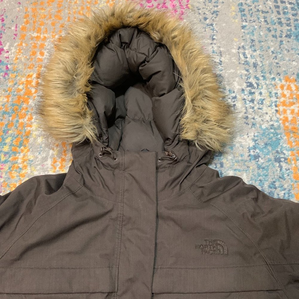The North Face Goose Down Long Parka Coat Brown Hooded Fur Women's Size Large - Picture 4 of 10